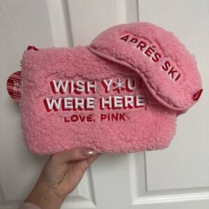 Pink Fleece Pouch and Eye Mask Set